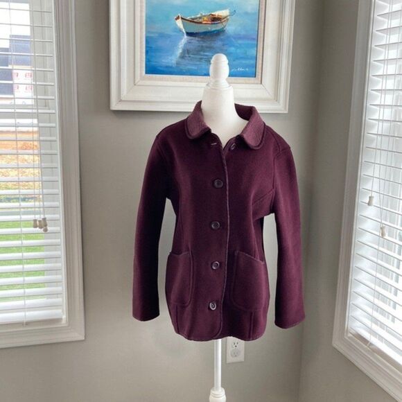 LLBean Burgundy Fleece Pocket Fall Buttonup Jacket Size Large Petite - Picture 2 of 11